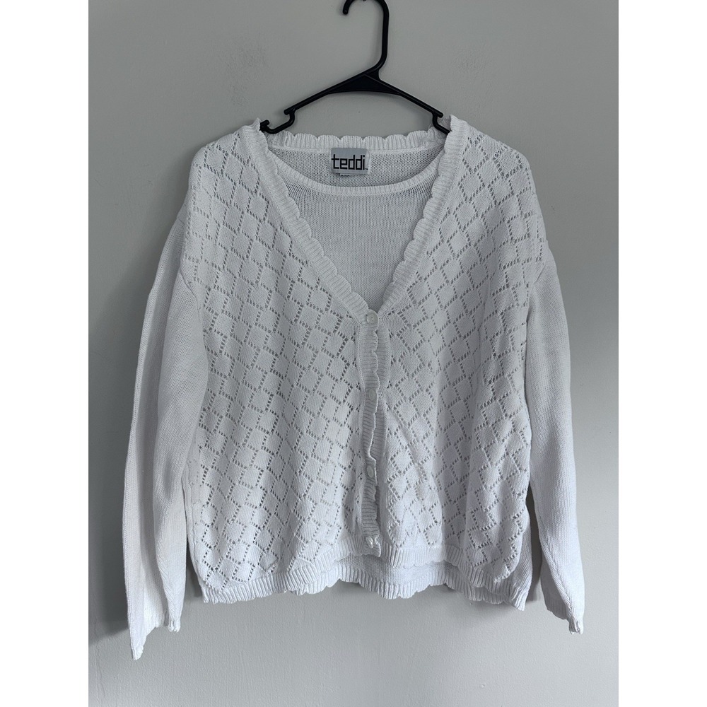 VTG 100% Ramie/Cotton 1X XL White Cardigan Shell Classic Preppy Nautical